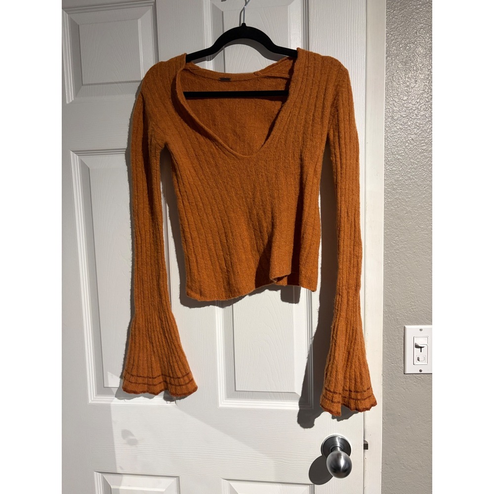 Free People Ribbed Bell Sleeve V-Neck Sweater Burnt Orange Womens Small